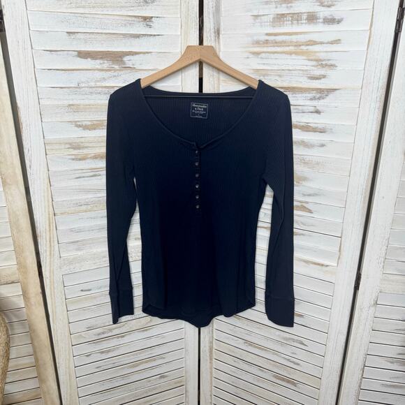 ABERCROMBIE & FITCH Y2K Bella Swan Ribbed Knit Henley Top Navy Large - Picture 13 of 16